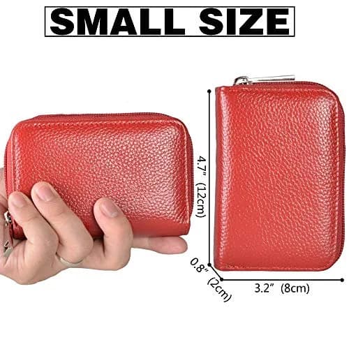 Easyoulife Genuine Leather Credit Card Holder Zipper Wallet with 26 Card Slots (Red) | RFID Blocking Slim Wallet for Women thumbnail 3