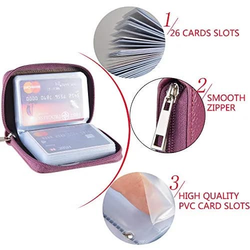 Easyoulife Genuine Leather Credit Card Holder Zipper Wallet With 26 Card Slots (Purple) | RFID Blocking thumbnail 7