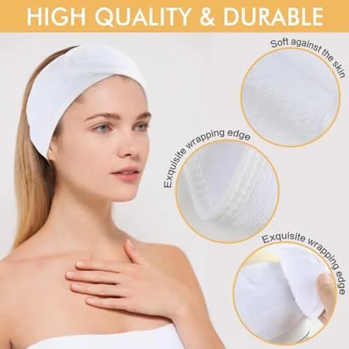 SINLAND Adjustable Microfiber Facial Headband 3 Pack White | Soft & Washable for Spa & Makeup thumbnail 3