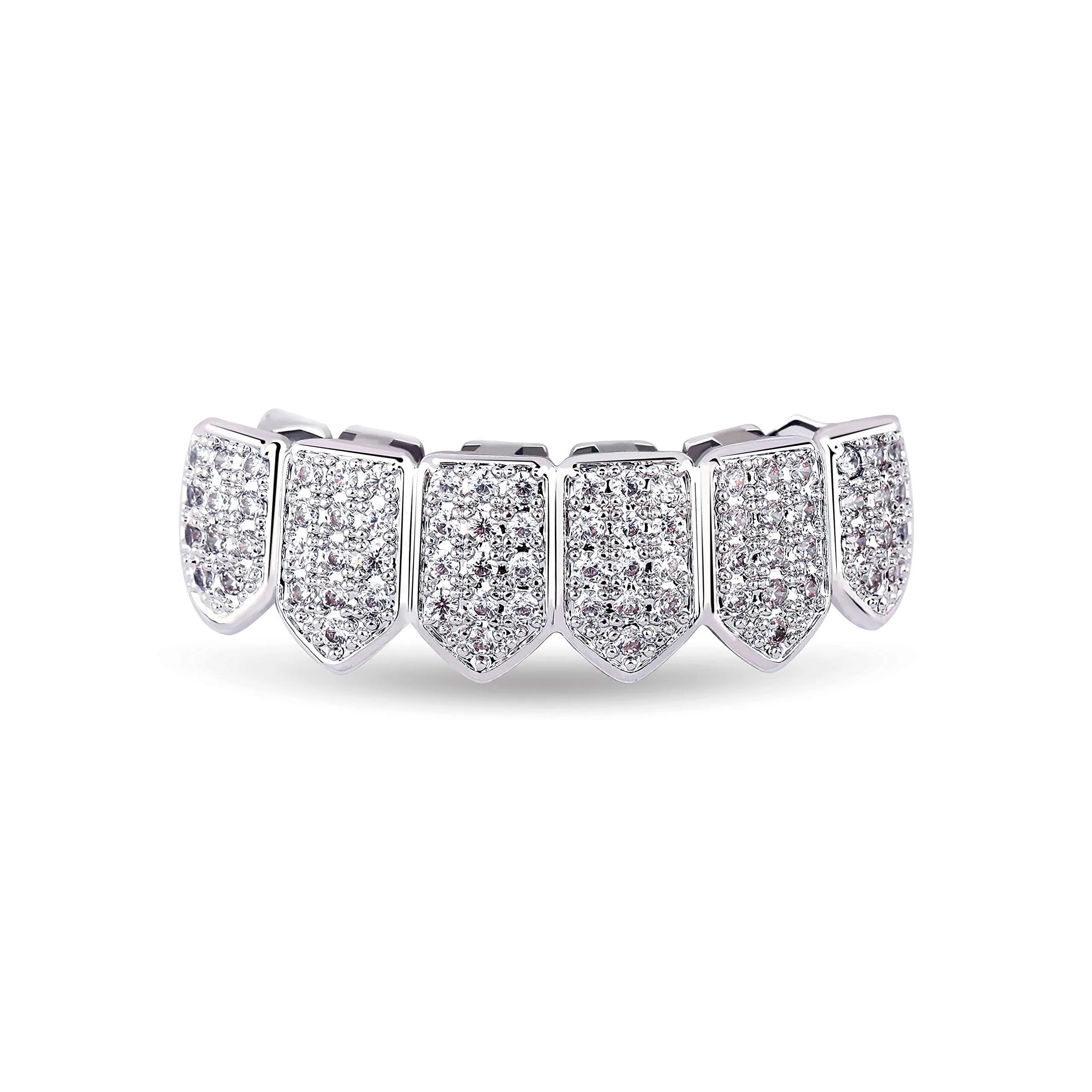 TOPGRILLZ 18K Gold-Plated CZ Vampire Fangs Grillz Set for Bottom Teeth | Hip Hop Rapper Costume Accessory - main product image
