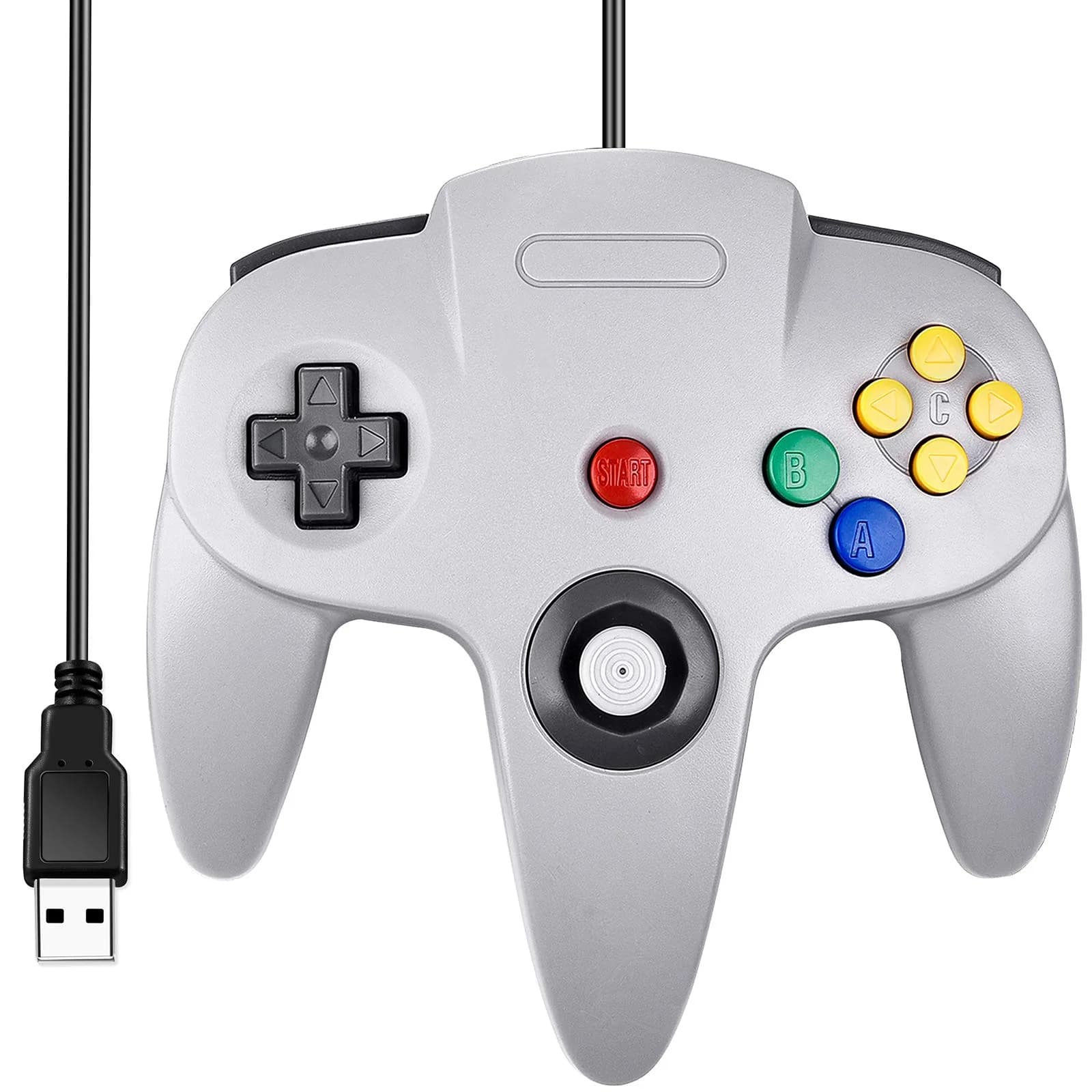 SAFFUN Classic N64 Controller Wired USB PC Gamepad 1.8m (6ft) Cable | Plug and Play for Windows PC macOS Linux Raspberry Pi — Wired Gray