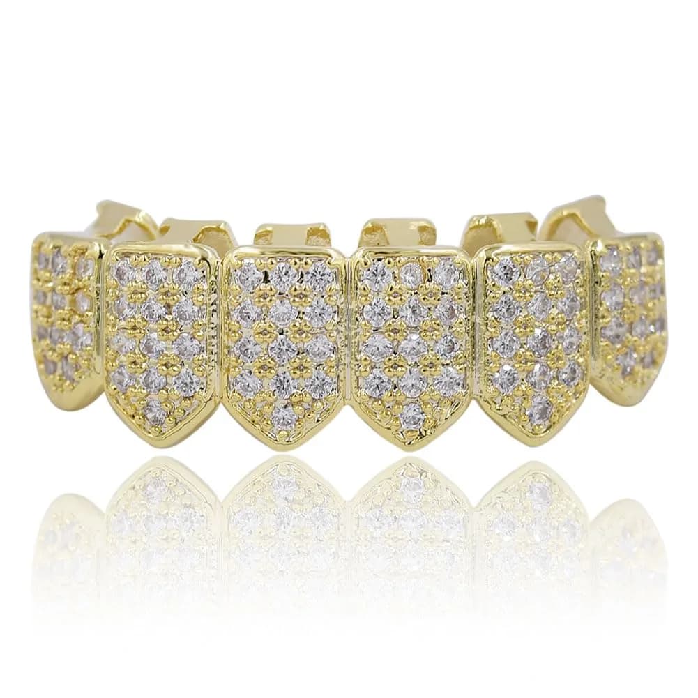 TOPGRILLZ Vampire Fangs Grillz with CZ Stones 18K Gold Plated Brass | Hip Hop Costume Accessory — Gold 6 Teeth Bottom