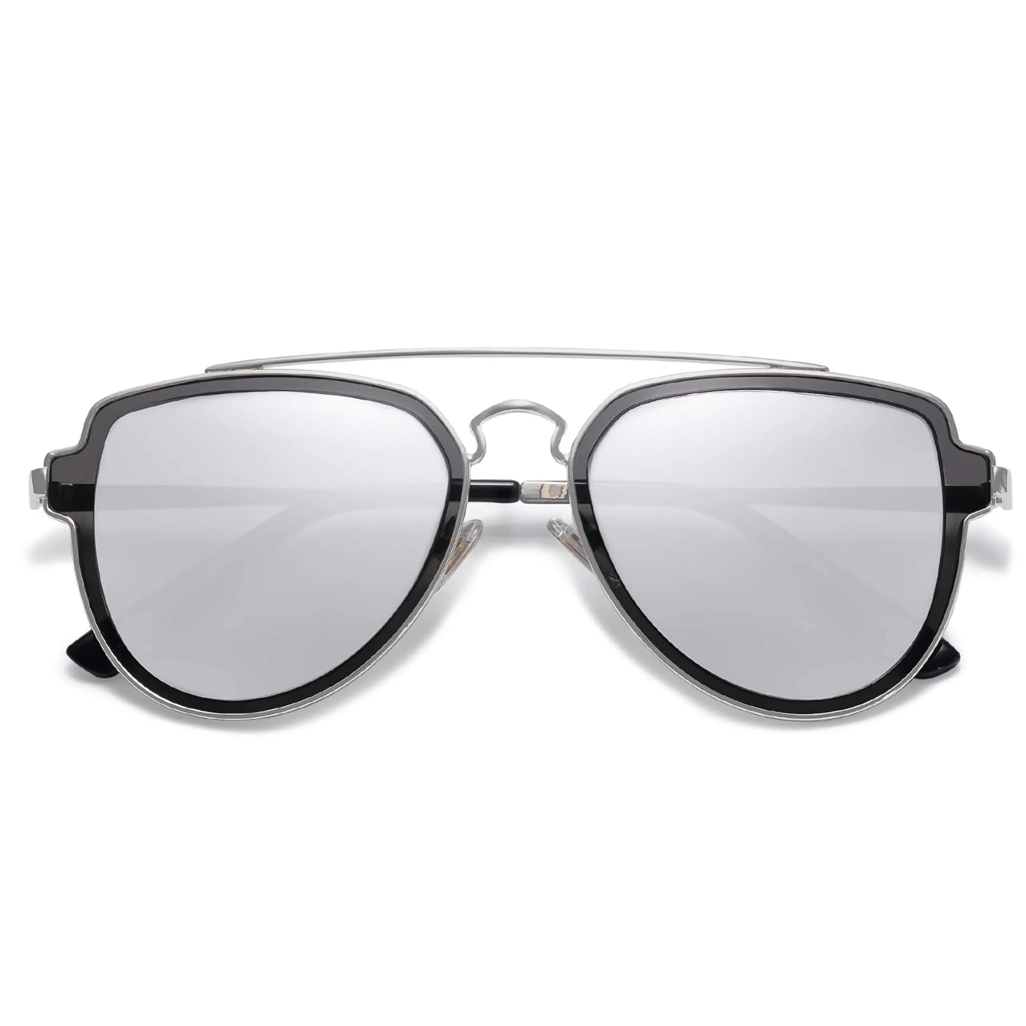 SOJOS Retro Polarized Double Bridge Sunglasses for Men Women SJ1051 | 63mm (2.48in) Lens Width — Silver/Silver Mirrored