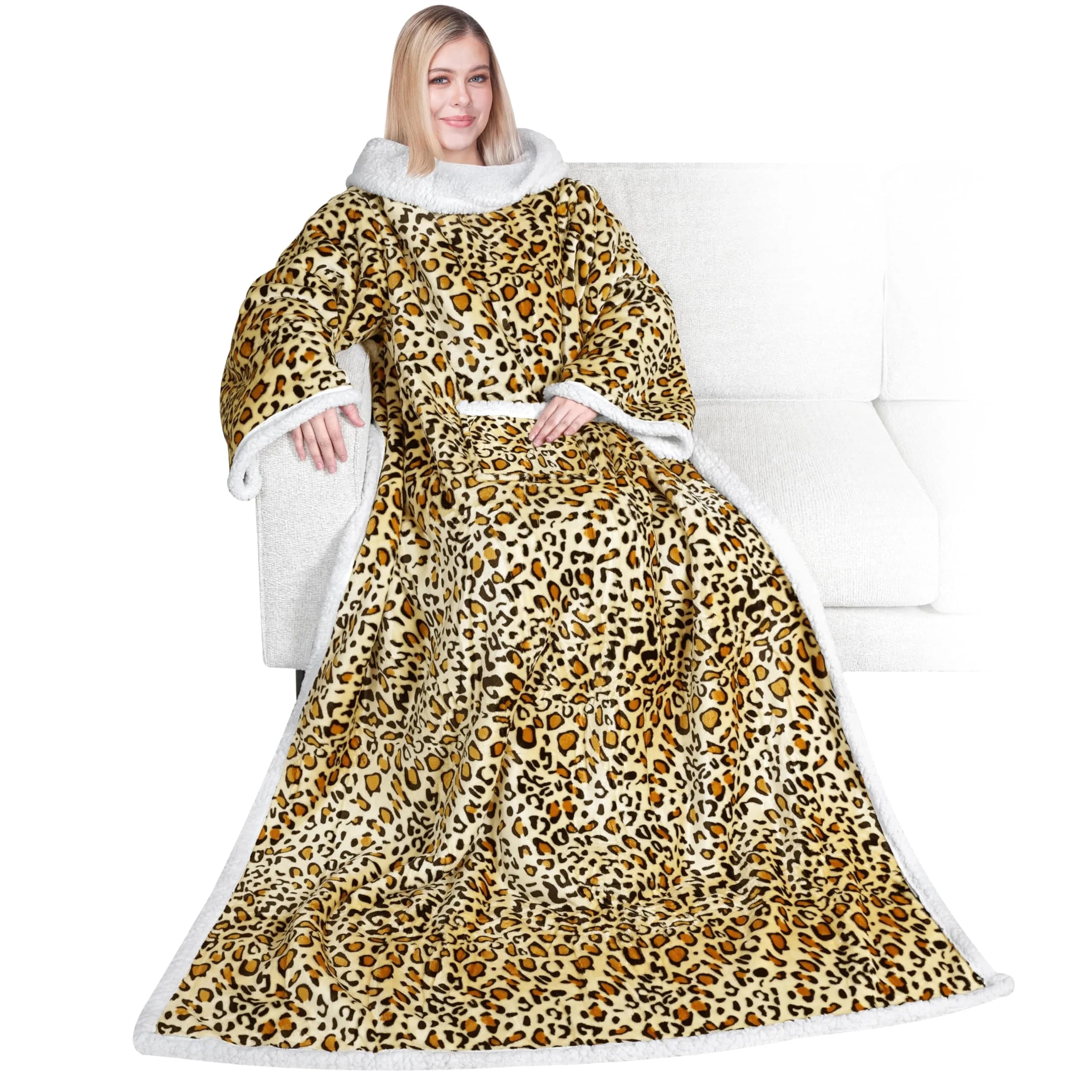 PAVILIA Wearable Blanket with Sleeves & Pocket for Women & Men | Soft Fleece Snuggle Throw with Sherpa Trim, Cozy Couch Robe, Gift Idea
