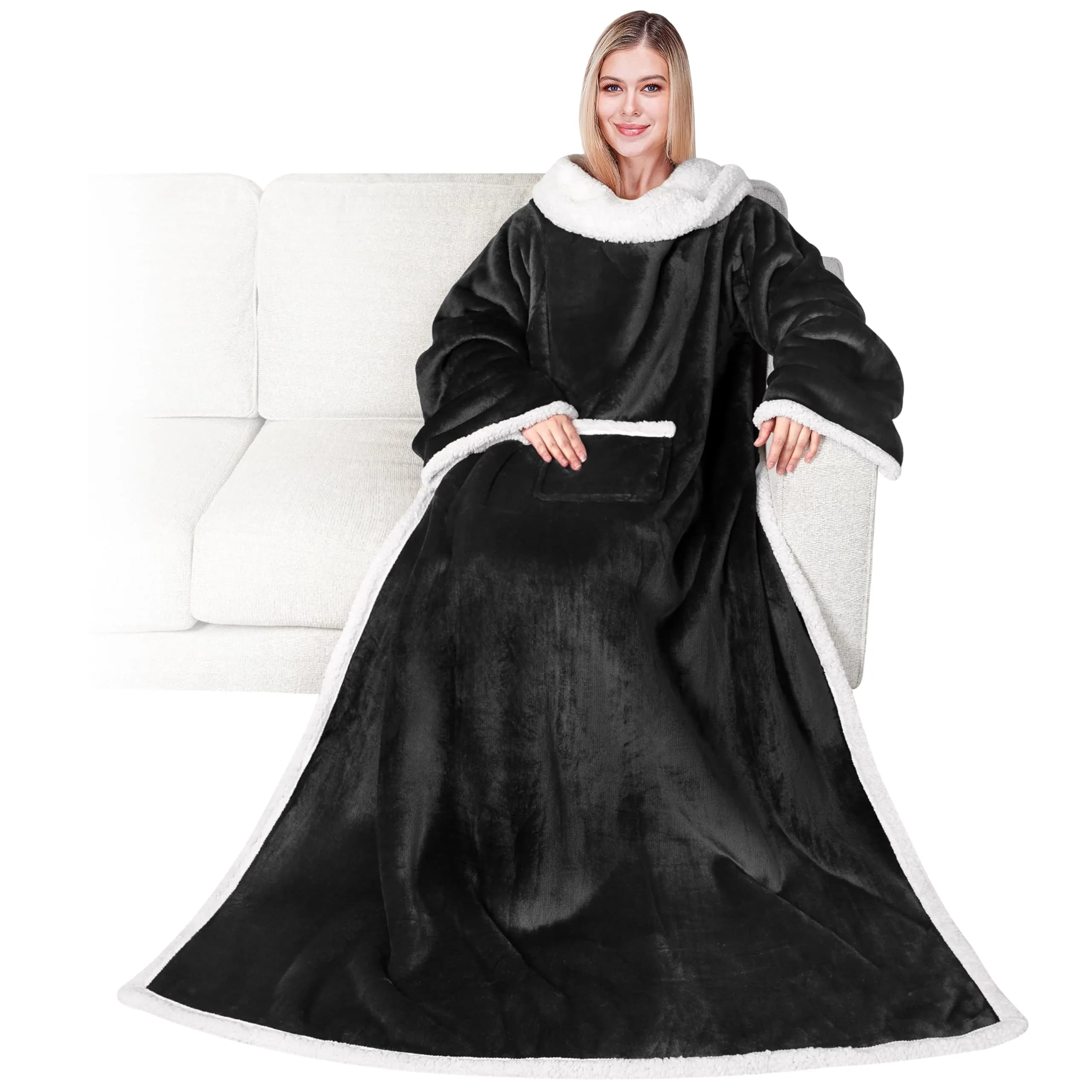 PAVILIA Wearable Blanket with Sleeves & Pocket for Women & Men, Soft Fleece Snuggle Throw with Sherpa Trim, Cozy TV Couch Robe, Black 178cm (70") | Keeps Hands Free for Work or Play