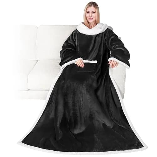 PAVILIA Wearable Blanket with Sleeves & Pocket for Women & Men, Soft Fleece Snuggle Throw with Sherpa Trim, Cozy TV Couch Robe, Black 178cm (70") | Keeps Hands Free for Work or Play thumbnail 1