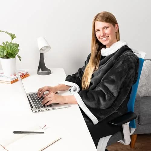 PAVILIA Wearable Blanket with Sleeves & Pocket for Women & Men, Soft Fleece Snuggle Throw with Sherpa Trim, Cozy TV Couch Robe, Black 178cm (70") | Keeps Hands Free for Work or Play thumbnail 4