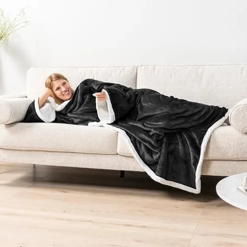 PAVILIA Wearable Blanket with Sleeves & Pocket for Women & Men, Soft Fleece Snuggle Throw with Sherpa Trim, Cozy TV Couch Robe, Black 178cm (70") | Keeps Hands Free for Work or Play thumbnail 5