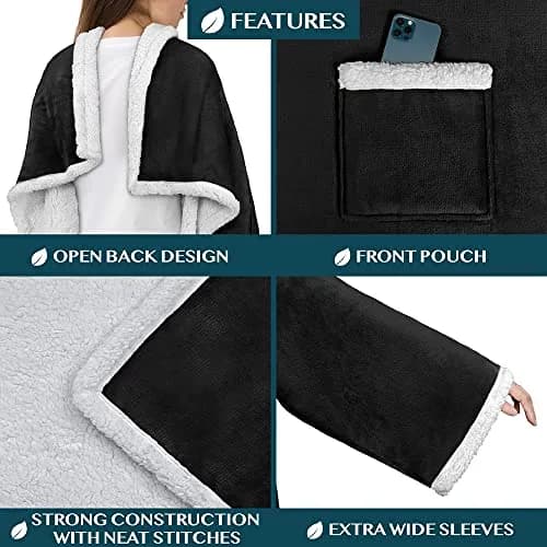 PAVILIA Wearable Blanket with Sleeves & Pocket for Women & Men, Soft Fleece Snuggle Throw with Sherpa Trim, Cozy TV Couch Robe, Black 178cm (70") | Keeps Hands Free for Work or Play thumbnail 3