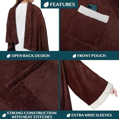 PAVILIA Wearable Blanket with Sleeves & Pocket | Cozy Fleece Snuggle Throw for Adults (70" x 50") thumbnail 2