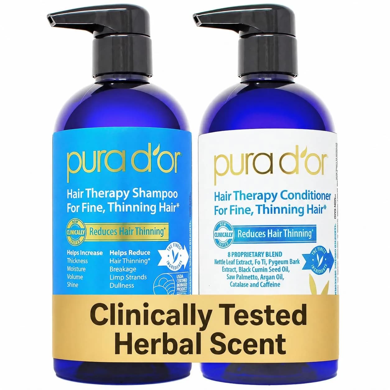 PURA D'OR Gold Label Anti-Thinning Biotin Shampoo & Conditioner Set 2x473ml (16 Fl Oz x2) | Thicker, Fuller Hair — Herbal Scent