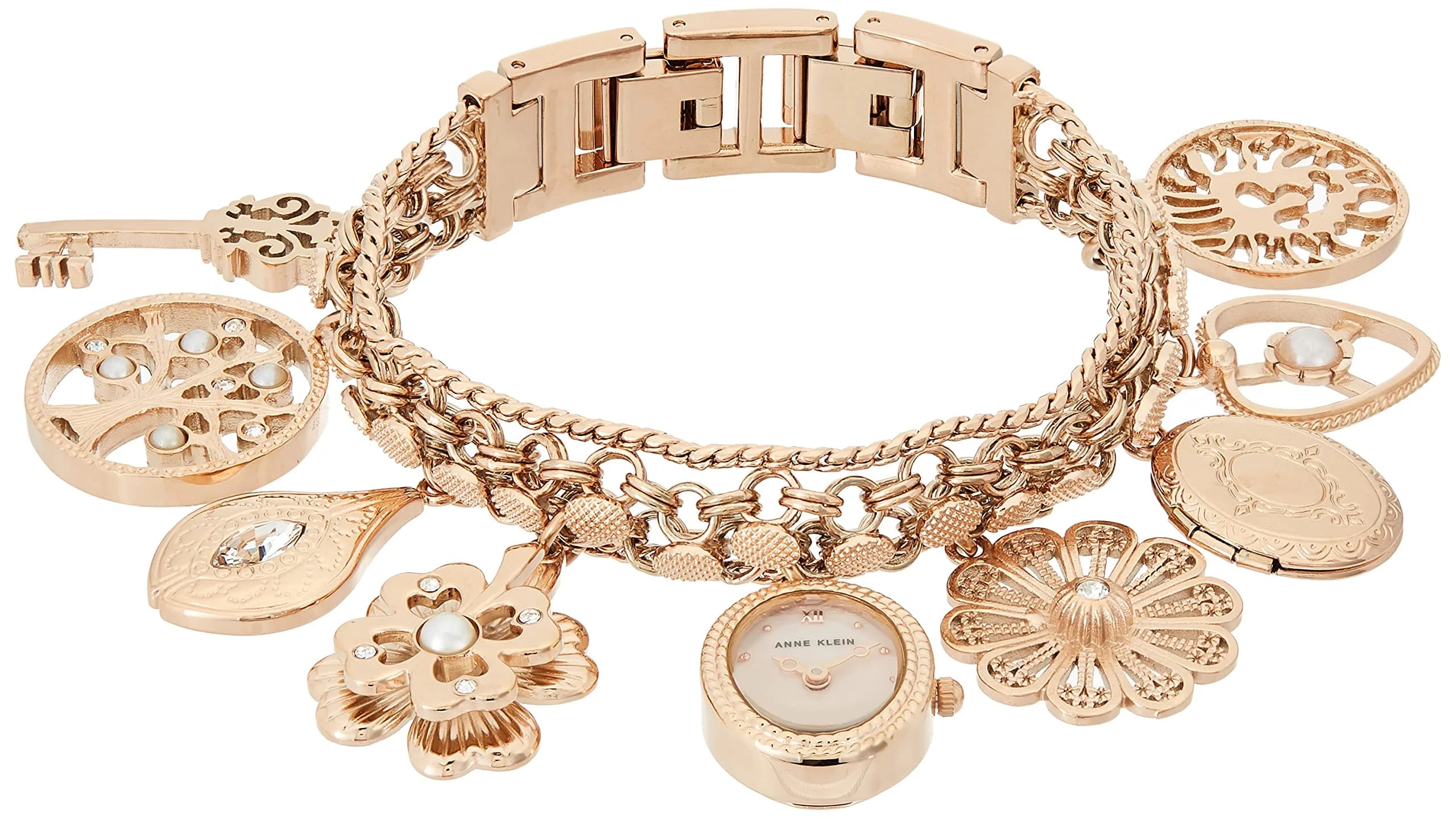 Anne Klein Women's Rose Gold Charm Bracelet Watch 18mm Case | Quartz Movement with Crystal Accents — Rose Gold