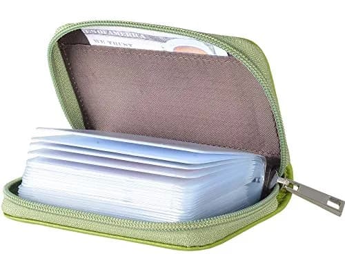 Easyoulife Genuine Leather Credit Card Holder Zipper Wallet With 26 Card Slots (Green) | RFID Blocking Slim Wallet for Women thumbnail 1