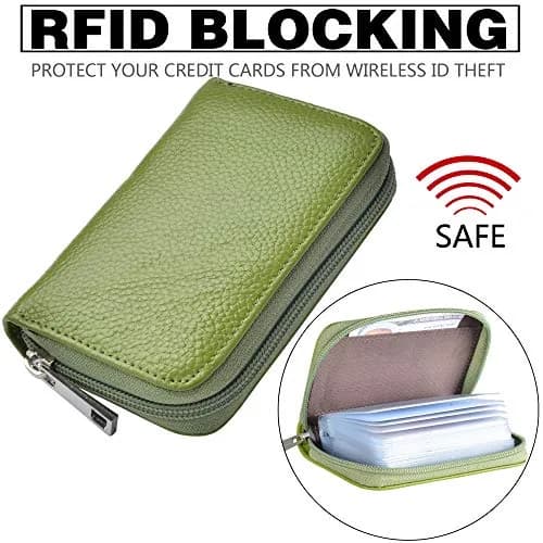 Easyoulife Genuine Leather Credit Card Holder Zipper Wallet With 26 Card Slots (Green) | RFID Blocking Slim Wallet for Women thumbnail 4