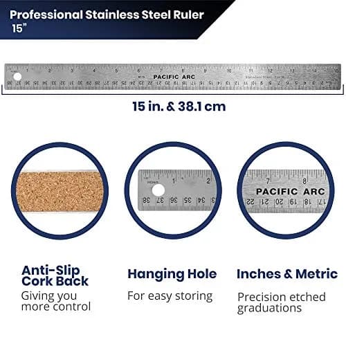 Pacific Arc Stainless Steel 15 Inch Metal Ruler with Cork Back | Precise Inch & Metric Graduations thumbnail 3
