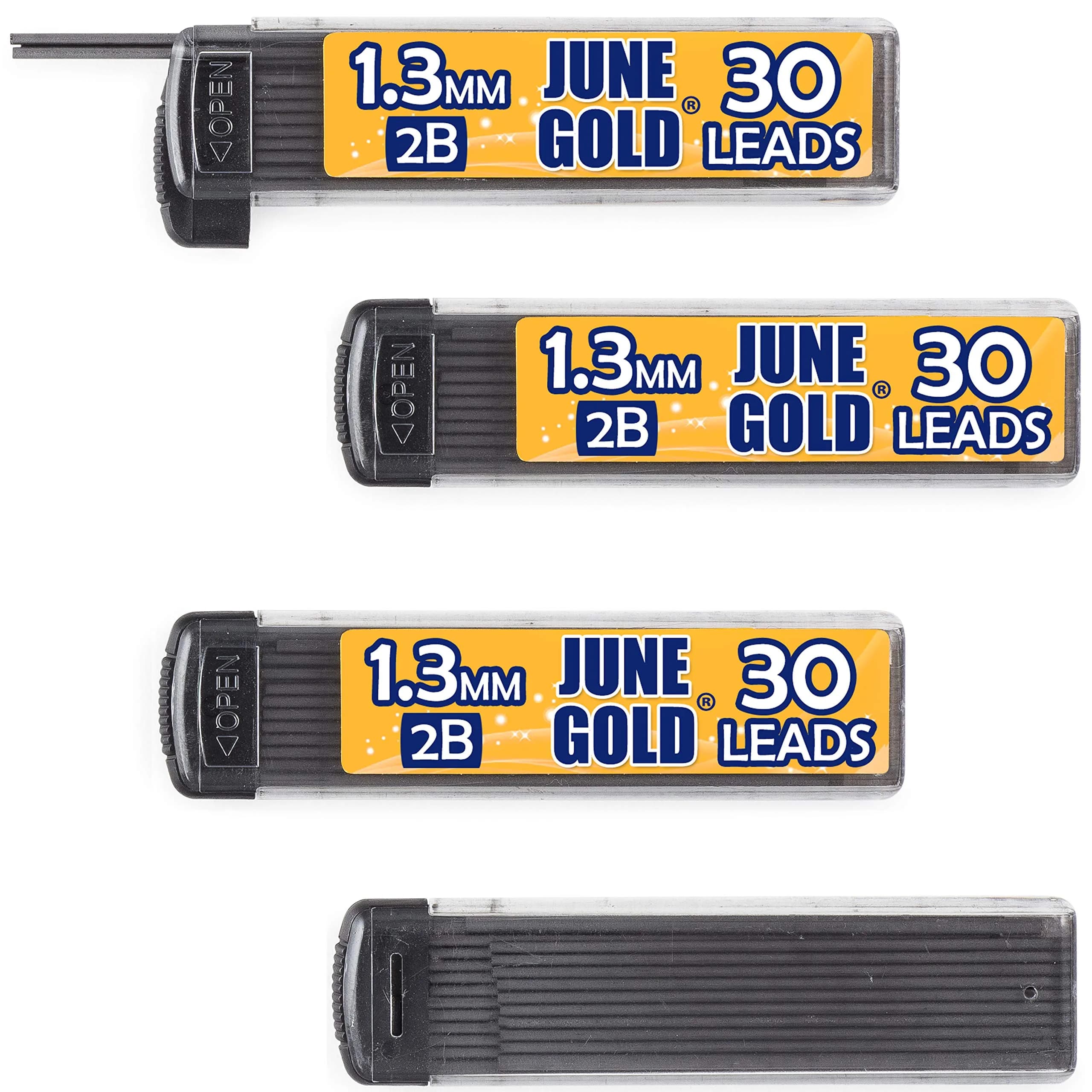 June Gold 1.3 mm 2B Mechanical Pencil Lead Refills, 120 Count (4 Dispensers) | Smooth Writing, Break Resistant Graphite