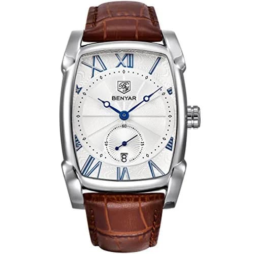 BENYAR Classic Rectangle Vintage Design Watch for Men | 44mm Case, Genuine Leather Strap, 30M Water Resistant thumbnail 1
