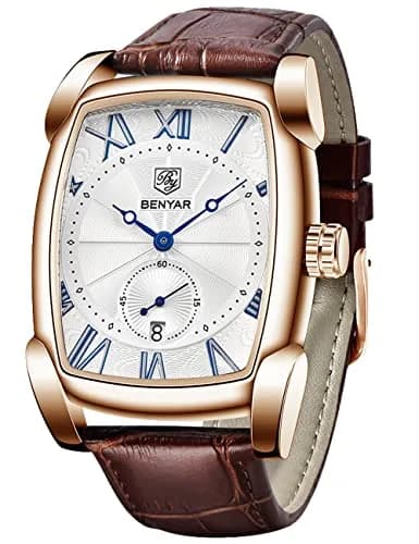 BENYAR Classic Rectangle Vintage Design Watch for Men | 44mm Case, Genuine Leather Strap, 30M Water Resistance thumbnail 1