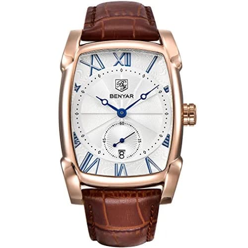 BENYAR Classic Rectangle Vintage Design Watch for Men | 44mm Case, Genuine Leather Strap, 30M Water Resistance thumbnail 2