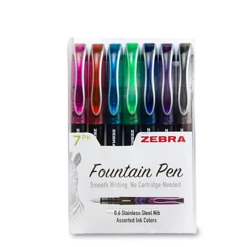 Zebra Pen Fountain Pen 7-Pack, 0.6mm Fine Point, Assorted Colors | Smooth Ink Flow for Journaling & Notes thumbnail 1