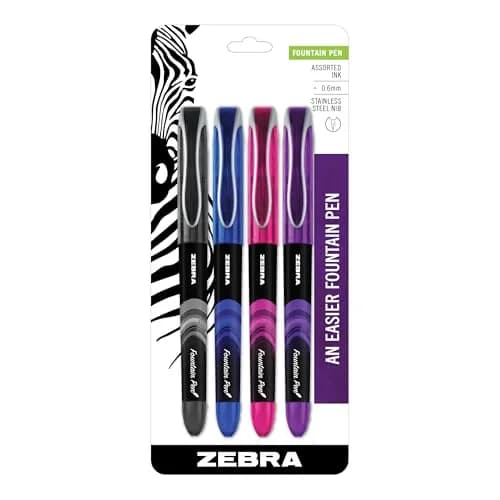 Zebra Pen Fountain Pen 4-Pack, 0.6mm Fine Point, Assorted Ink | Smooth Ink Flow for Students & Professionals thumbnail 1