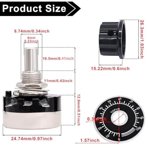 Taiss RV24YN20S Potentiometer 500 ohm Single Turn Carbon Film Rotary Taper Potentiometer with Knob and Dial (2-Pack, 6mm Shaft) thumbnail 3