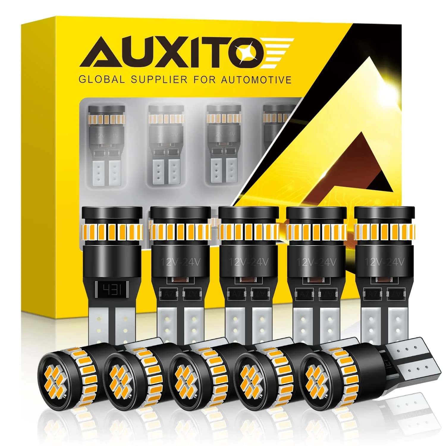 AUXITO Amber Yellow T10 LED Bulb 194 168 W5W Error Free (Pack of 10) | 240LM Super Bright for Car Marker Lights - main product image