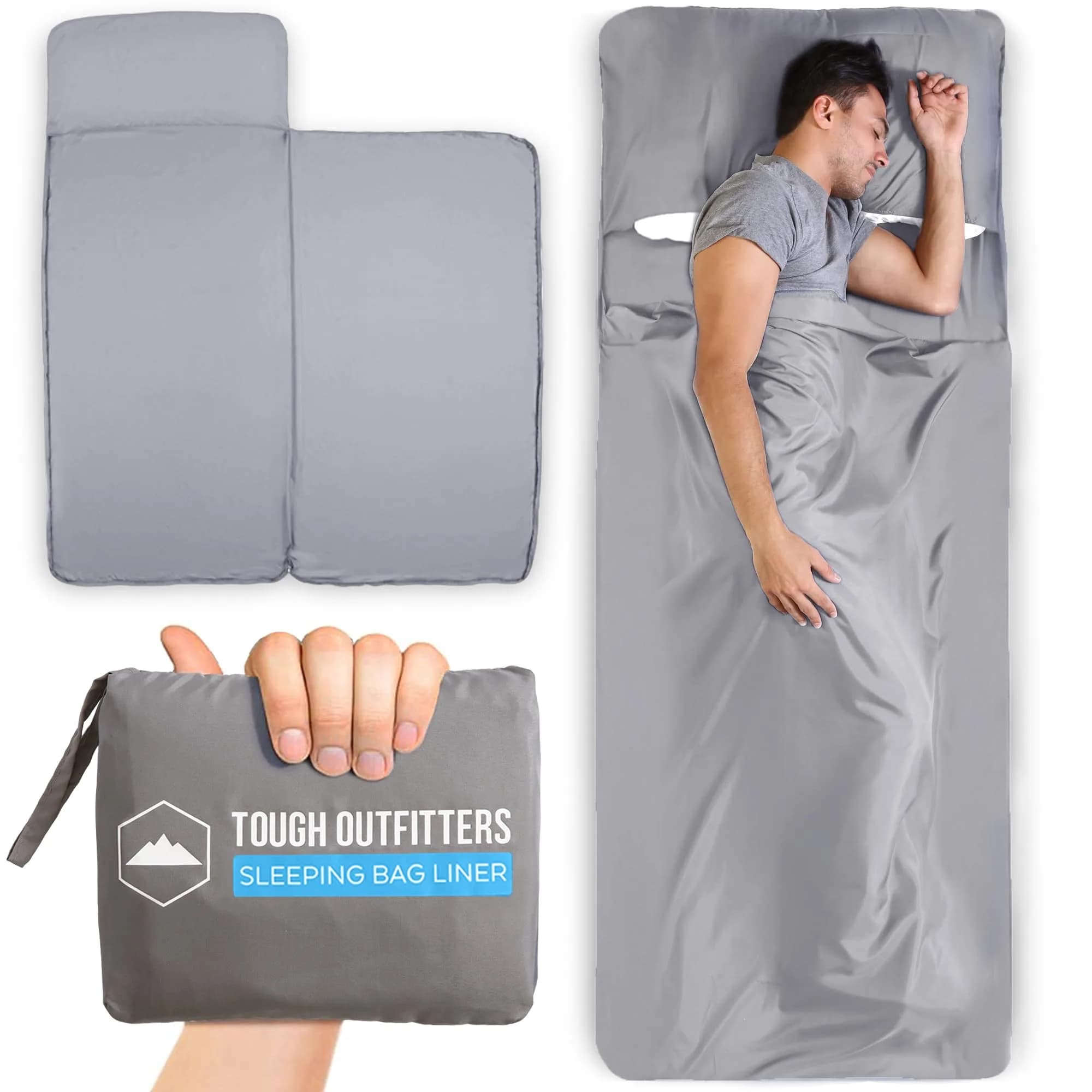 Tough Outdoors Double Sleeping Bag Liner 203cm (85") x 188cm (74") with Zipper | Ultralight Polyester Travel Sheet for Camping & Hotels — Gray - No Zipper