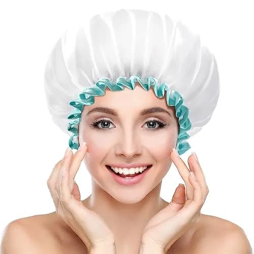 mikimini Reusable Shower Cap for Women and Girls, Waterproof, Washable, Cute White, 17cm (6.7in) x 12cm (4.7in) thumbnail 1