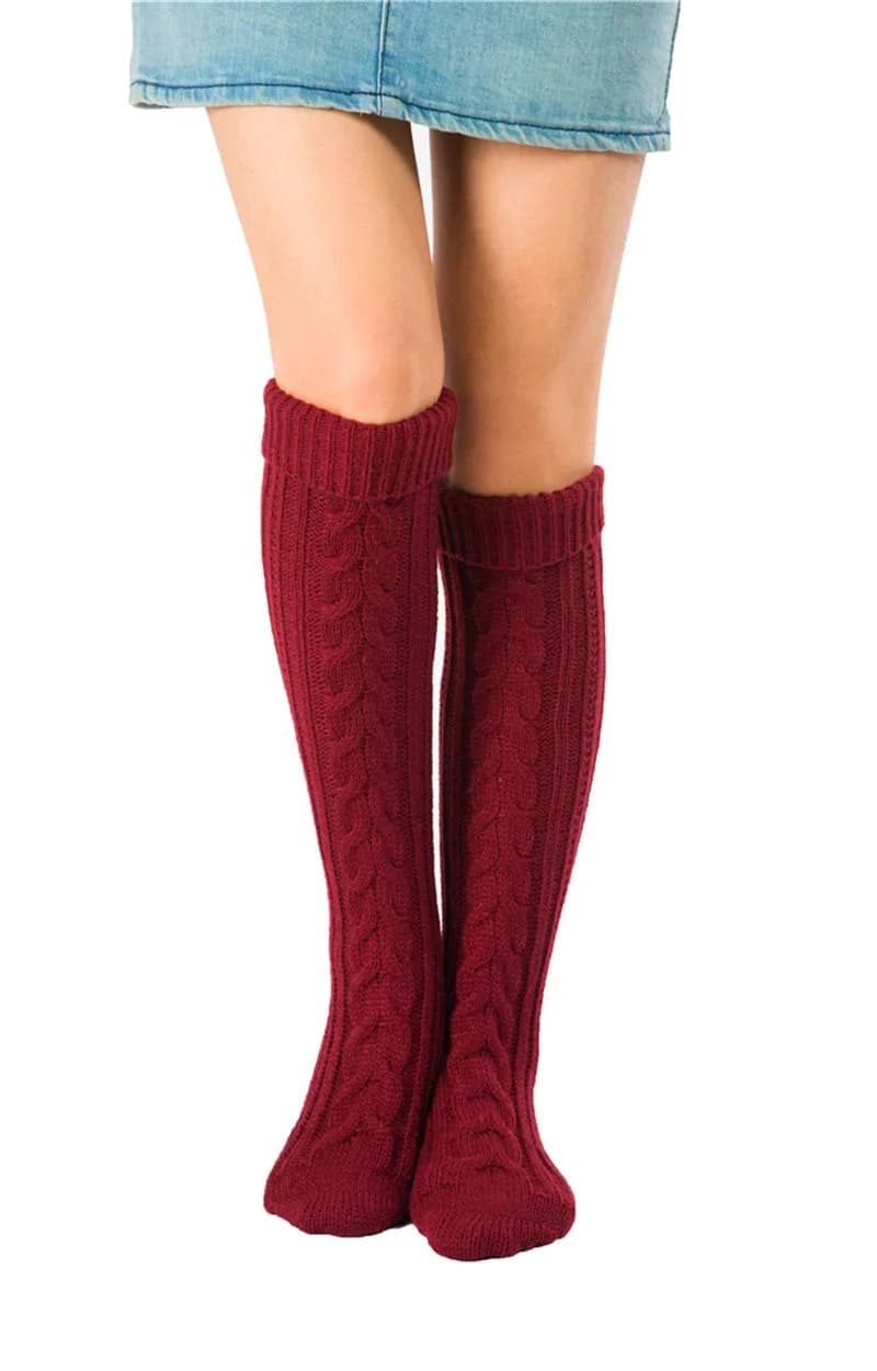 SherryDC Women's Cable Knit Knee-High Boot Socks | Red, One Size (61cm)