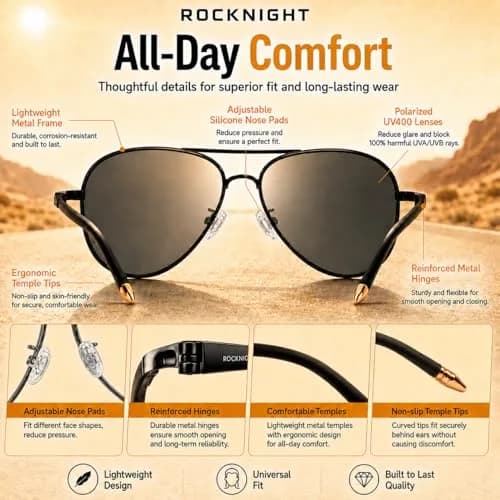 ROCKNIGHT Polarized Aviator Sunglasses Men Women UV400 Metal Frame Driving | Classic Flat Top Style thumbnail 5