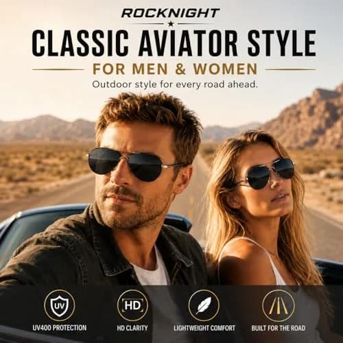 ROCKNIGHT Polarized Aviator Sunglasses Men Women UV400 Metal Frame Driving | Classic Flat Top Style thumbnail 2
