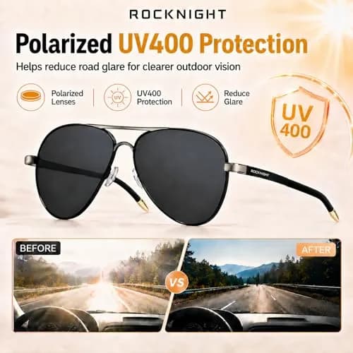 ROCKNIGHT Polarized Aviator Sunglasses Men Women UV400 Metal Frame Driving | Classic Flat Top Style thumbnail 3