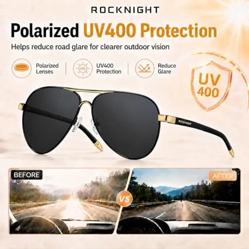 ROCKNIGHT Polarized Aviator Sunglasses Men Women UV400 Metal Frame Driving | Classic Style for All-Day Comfort thumbnail 3
