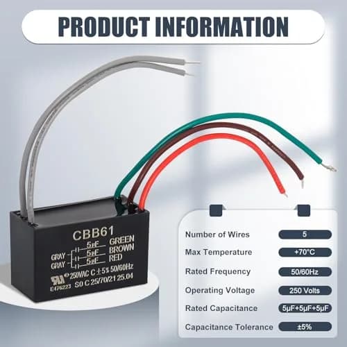 Wadoy CBB61 5-Wire Ceiling Fan Capacitor 15uF (5+5+5uF) 250VAC | For Speed Control & Replacement thumbnail 2