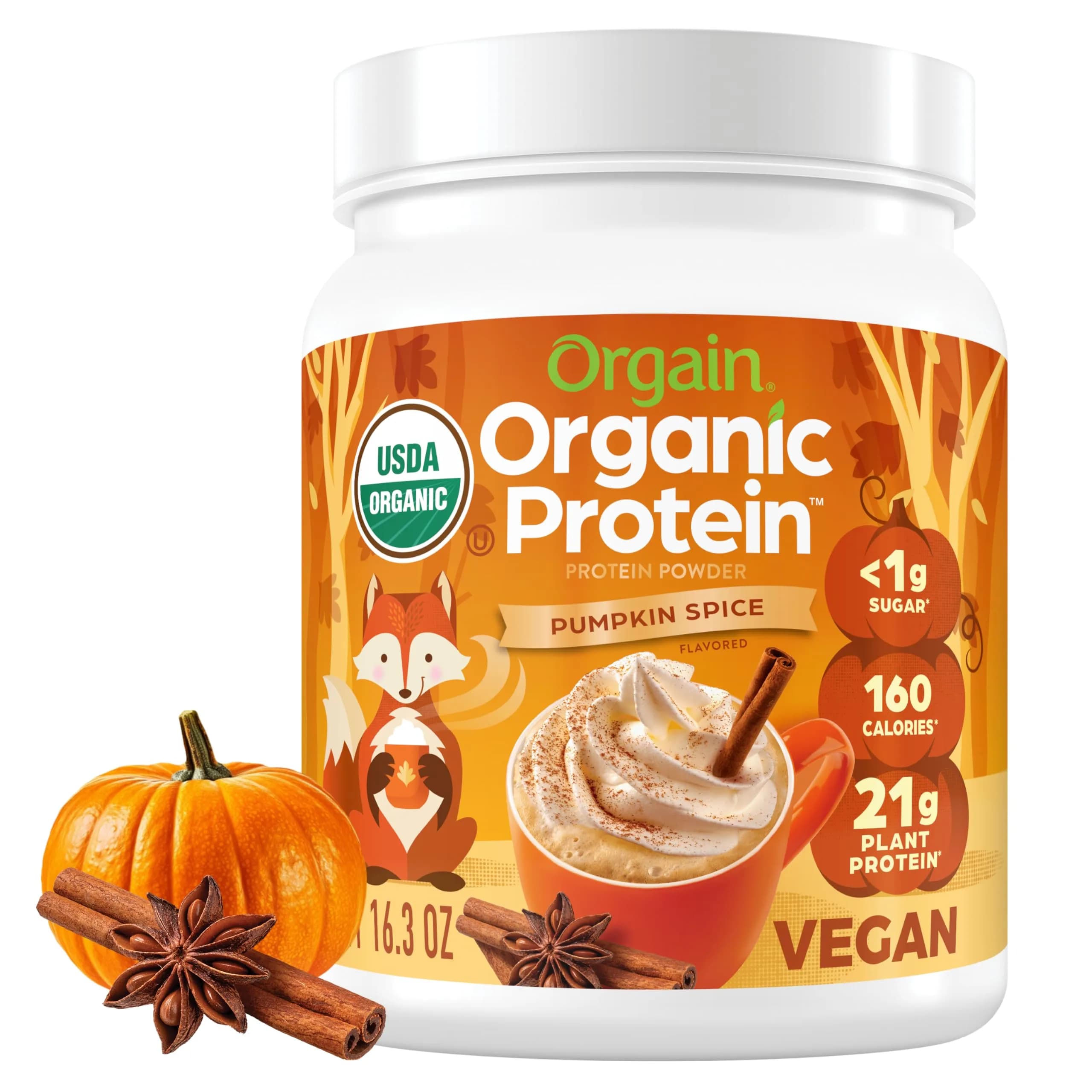Orgain Pumpkin Spice protein powder tub Plant 10 servings