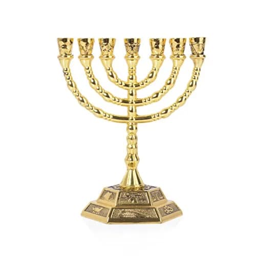 BRTAGG 12 Tribes of Israel Menorah Jerusalem Temple 7 Branch Jewish Candle Holder 20.3 cm (8 Inches) Gold thumbnail 1