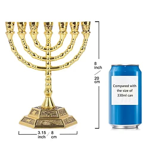 BRTAGG 12 Tribes of Israel Menorah Jerusalem Temple 7 Branch Jewish Candle Holder 20.3 cm (8 Inches) Gold thumbnail 3