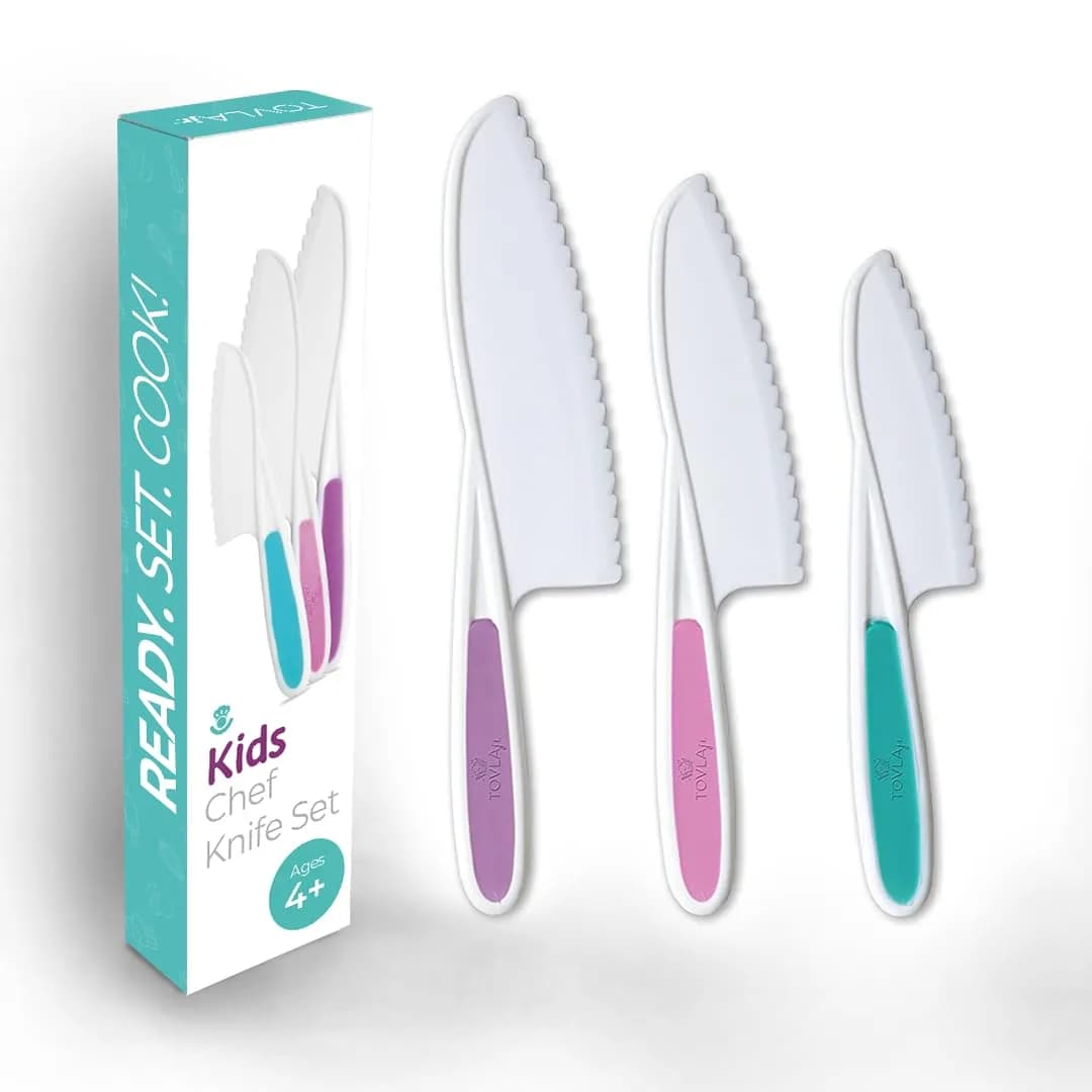 Tovla Jr. Kid Safe Knife Set for Real Cooking | Toddler Knives | Ages 4-12 | 3-Piece Set, 28cm (11 inches) — Multicolor