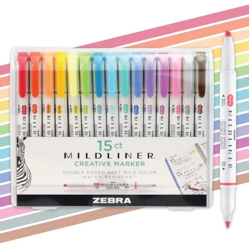 Zebra Pen Mildliner Dual Tip Highlighter Set, 15 Assorted Colors | AP Certified Non-Toxic thumbnail 1