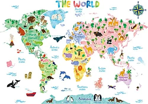 DECOWALL Animal World Map Wall Stickers for Kids Large | Educational, Repositionable Vinyl Decal thumbnail 1