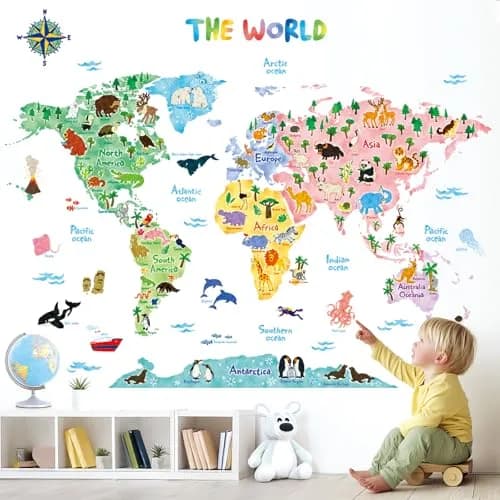 DECOWALL Animal World Map Wall Stickers for Kids Large | Educational, Repositionable Vinyl Decal thumbnail 2