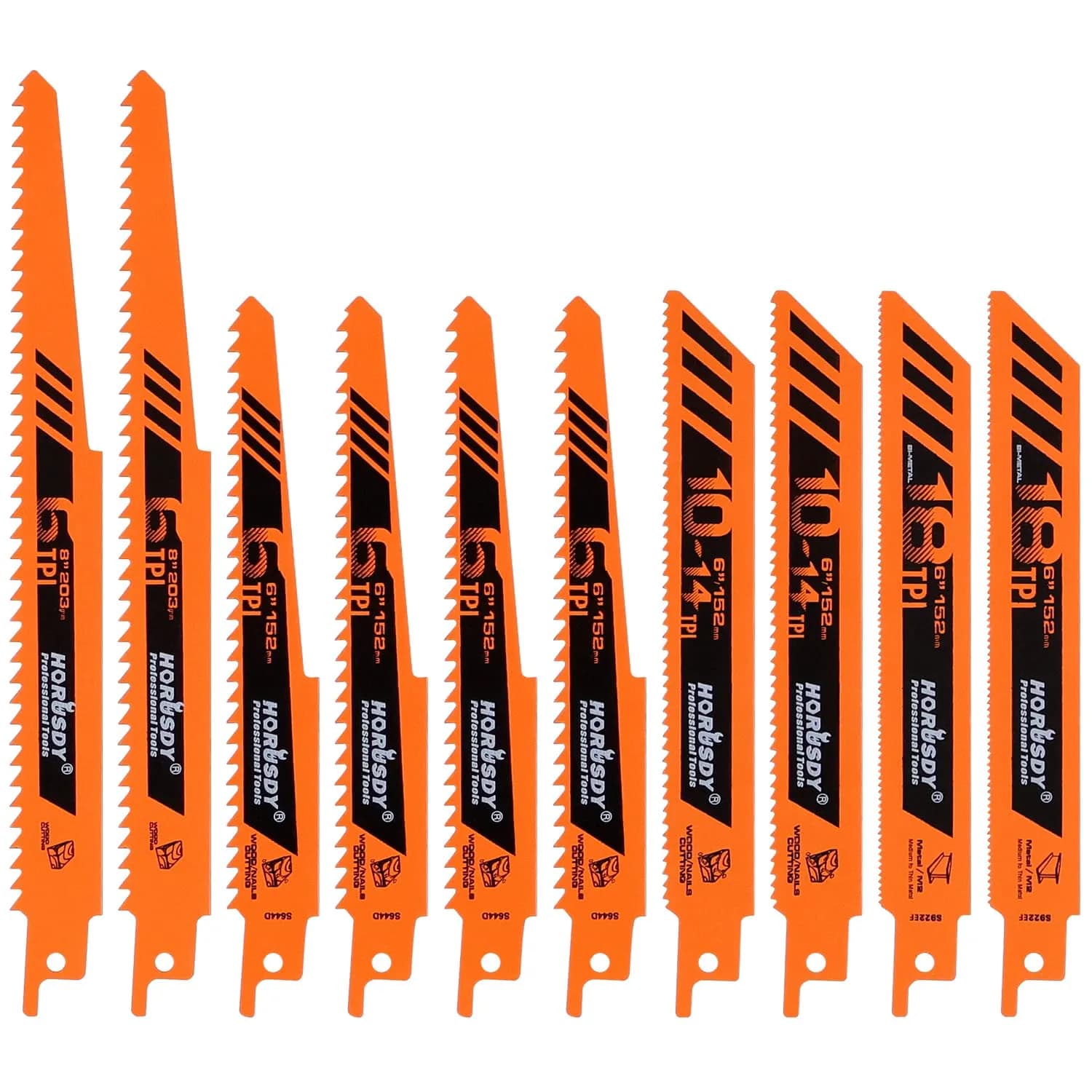 HORUSDY 9-Inch Wood Pruning Reciprocating Saw Blades, 5 TPI, 5-Pack | Fast Cutting Green Wood & Branches — 10-Pc Multi-Size (Wood & Metal)