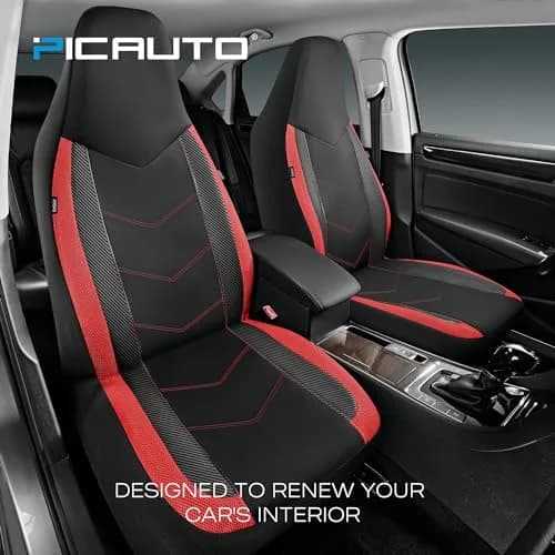PIC AUTO Red High Back Front Seat Covers | Carbon Fiber Mesh Design, Universal Fit, Airbag Compatible thumbnail 2