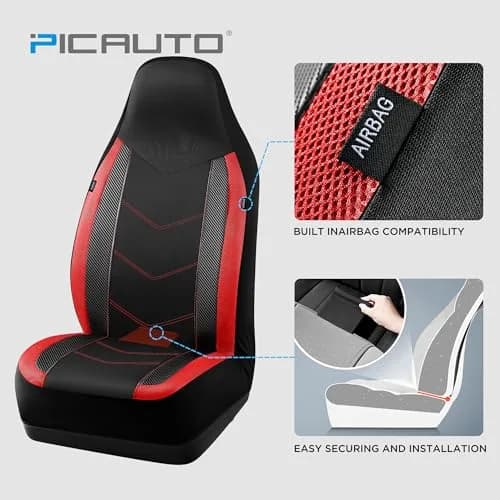 PIC AUTO Red High Back Front Seat Covers | Carbon Fiber Mesh Design, Universal Fit, Airbag Compatible thumbnail 3