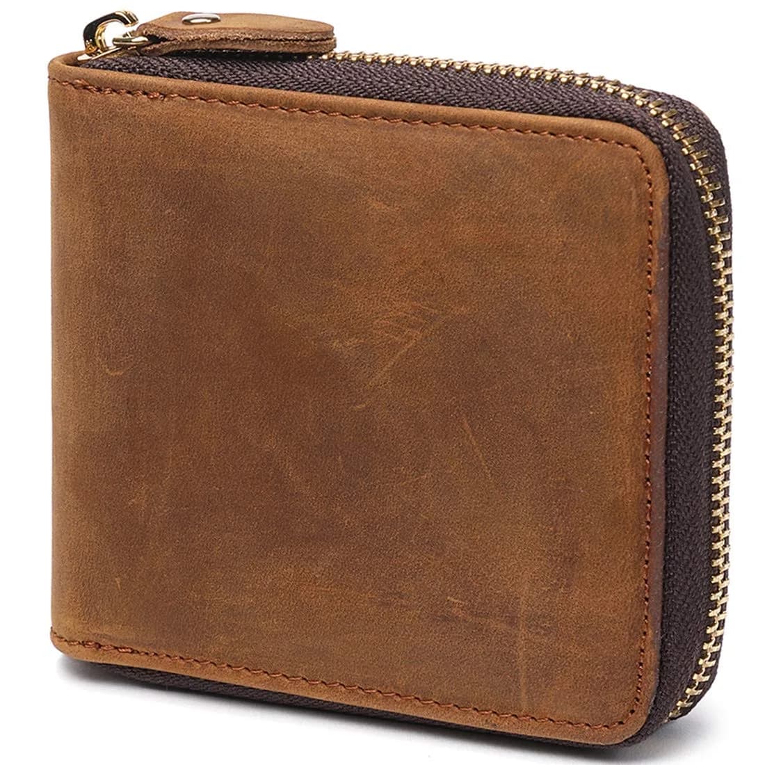 Huztencor Genuine Leather RFID Blocking Zipper Wallet for Men | Black, 11.5cm x 10.5cm x 2cm (4.5" x 4.1" x 0.8") — Crazy Horse Brown
