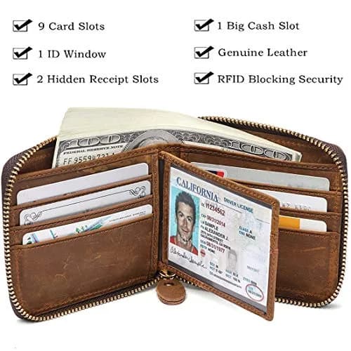 Huztencor Men's RFID Blocking Leather Bifold Wallet with Zipper ID Card Window | Crazy Horse Brown (11.5cm x 10.5cm x 2cm) thumbnail 5