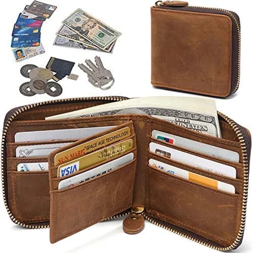 Huztencor Men's RFID Blocking Leather Bifold Wallet with Zipper ID Card Window | Crazy Horse Brown (11.5cm x 10.5cm x 2cm) thumbnail 6