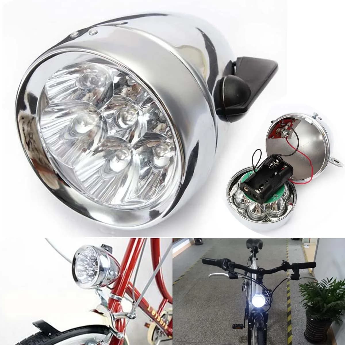 WIROJ Vintage Retro Bicycle Front Light Lamp 7 LED | Waterproof, Retro Look, Easy Install — Sliver