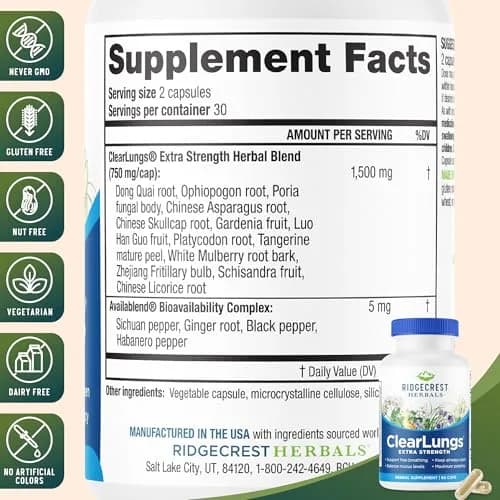 RidgeCrest Herbals ClearLungs Extra Strength Lung Support 60 Ct | Natural Respiratory Aid for Adults thumbnail 3